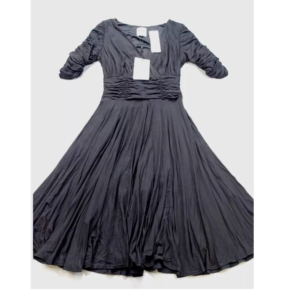 NUE by Shani Black Ruffled 1/2 Sleeve Fit & Flare Shapewear Dress Sz 4 S141 $250